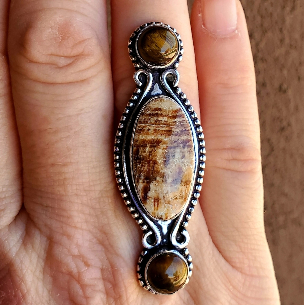 New Picture Jasper & Tiger Eye 925 Silver Ring.
